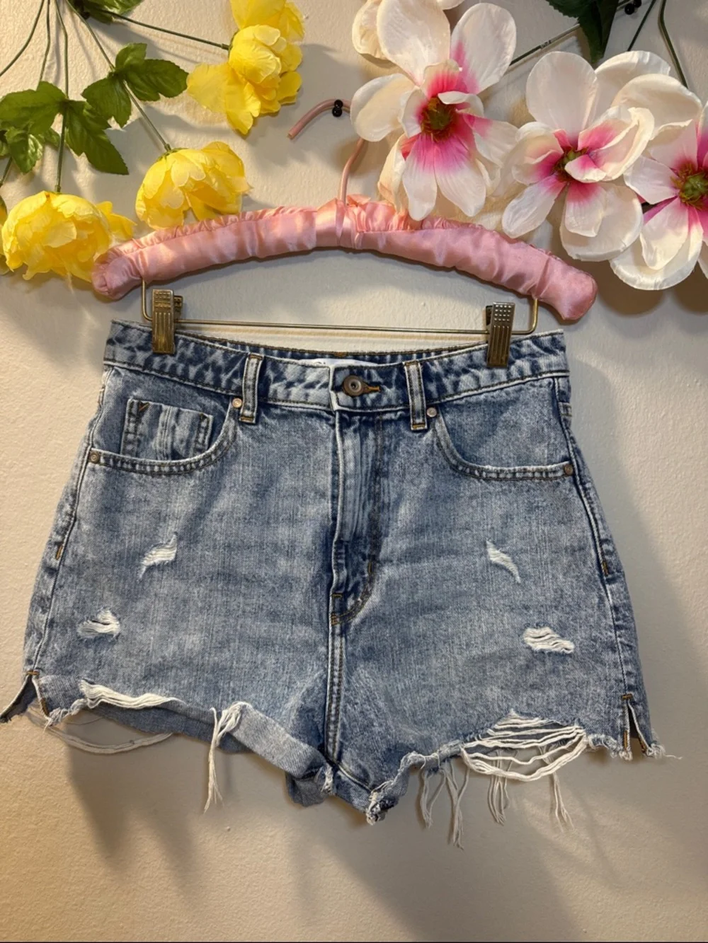 Zara Distressed Light Blue Denim High-Rise Shorts